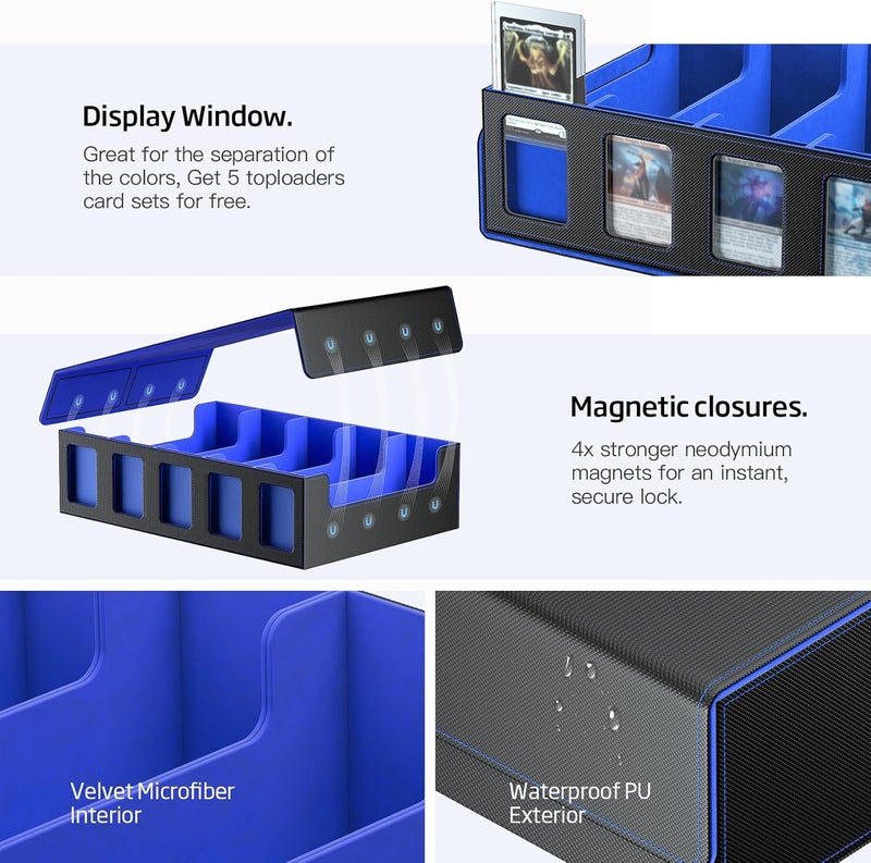MORCCO Trading Card Storage Box 5-Row 3900+ Capacity,TCG MTG Card Case with Magnetic Lid & Commander Display,Top Loader Storage for Sports Cards,Includes Dividers Dice Box（Black＆Blue） - Image 5